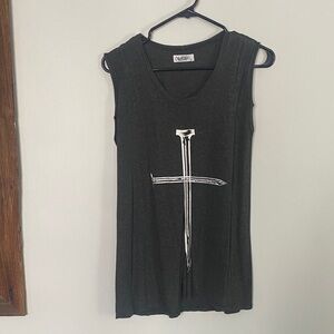 Lauren Moshi Charcoal Sleeveless Tee with Cross Graphic